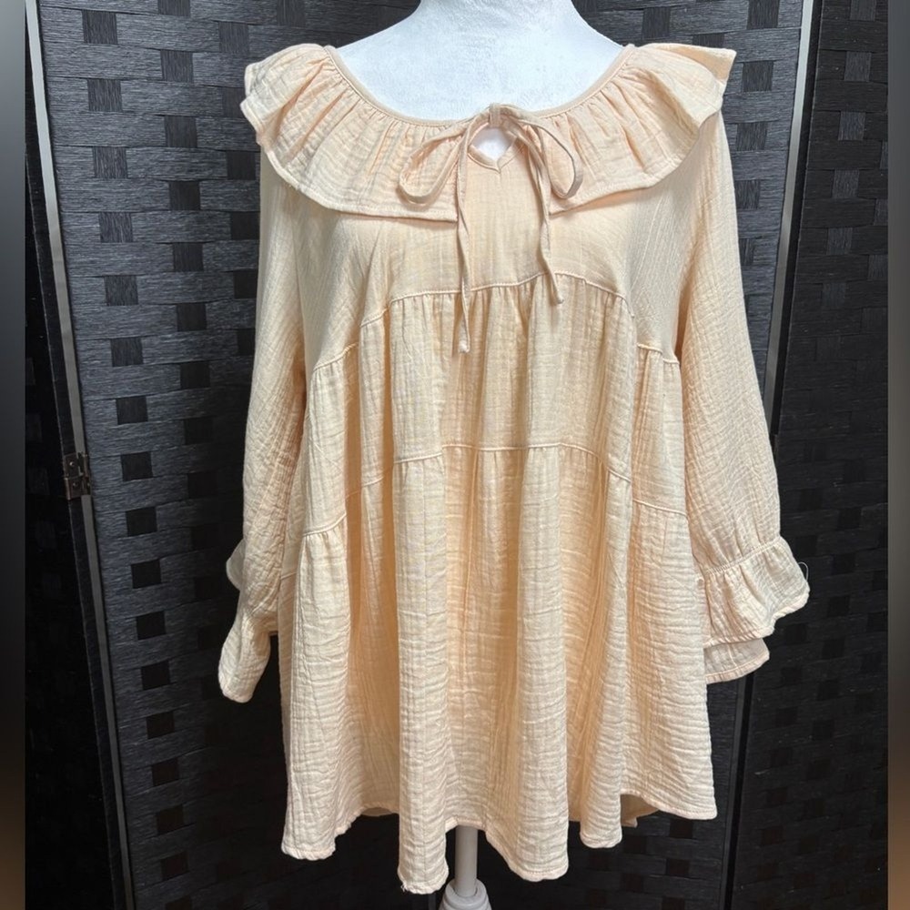 Tiered Babydoll Blouse Womens M Apricot Ruffle Boho Crinkle Gauze Boho Cottage - Picture 2 of 9